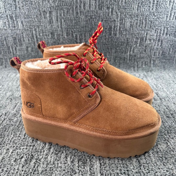 UGG Shoes - UGG Neumel Platform Booties Womans Size 9 Chestnut Suede Fur Lined Lace Up